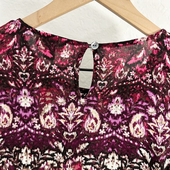 J. Jill Smocked Ikat Round Neck Tunic Blouse Top Purple Pink Small Boho Abstract - Picture 6 of 9